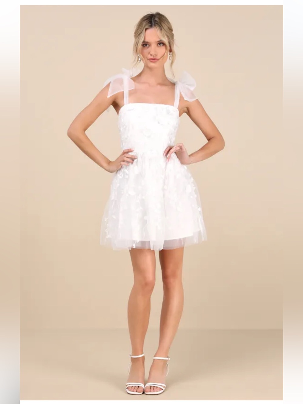 Lulus NWT classic romance white 3D floral appliqué tie strap mini dress feminine - Picture 2 of 15